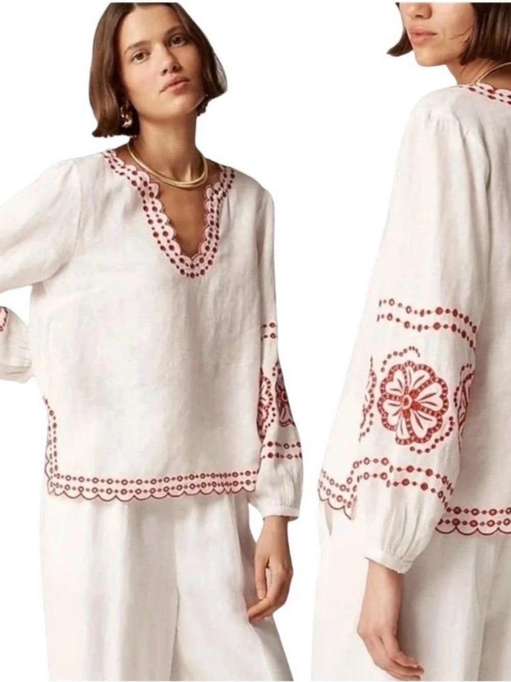 J. Crew 100% Linen Boho Top Blouse S White Vacation Summer Lightweight
